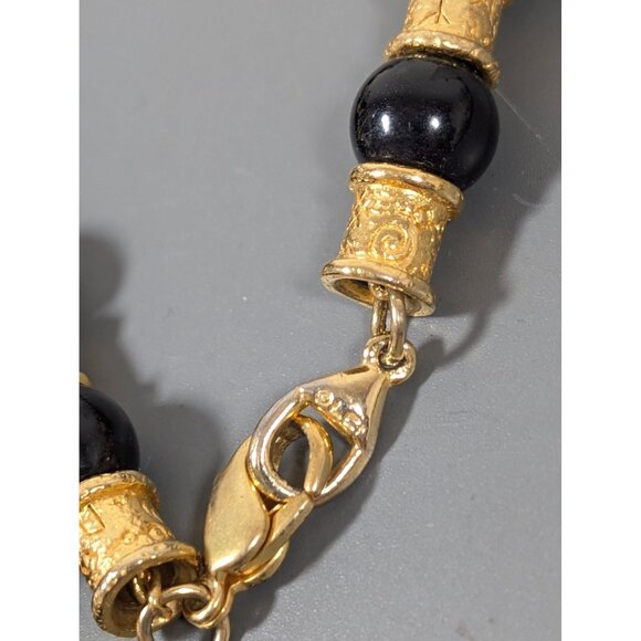 Vintage LCI Liz Claiborne Black BEad Textured Gold Tone Necklace 30" - Picture 5 of 8